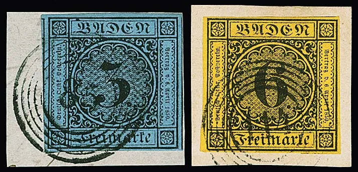 3 Kr. schw./blau, überrandig mit Nebenmarken, auf Luxusbriefstück mit klarem NS "85" (Ludwigshafen), dazu breitrandige 6 Kr. schw./gelborange auf…