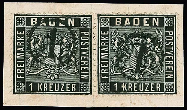 1 Kr. black in pair on cabinet letter piece with clear clock-wheel cancellations "1", signed Stegmüller