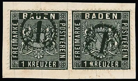 1 Kr. noir en paire sur pièce de lettre de cabinet avec cachets à roue d'horloge clairs "1", signé Stegmüller