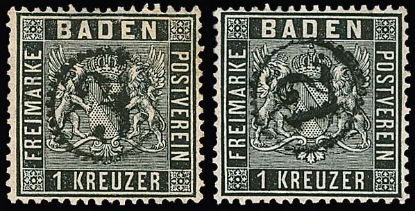 1 Kr. schwarz, vier Pracht-/Kabinettstücke (einmal ausgabetypische Zhg.) mit klaren Uhrradstempeln "3", "5", "7" und "12", je gut sign. Brettl (3) bzw. Seeger