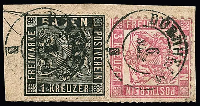 1 Kr. black in mixed franking with 3 Kr. pink (two short teeth) on letter piece with better K2 "Dürrheim"