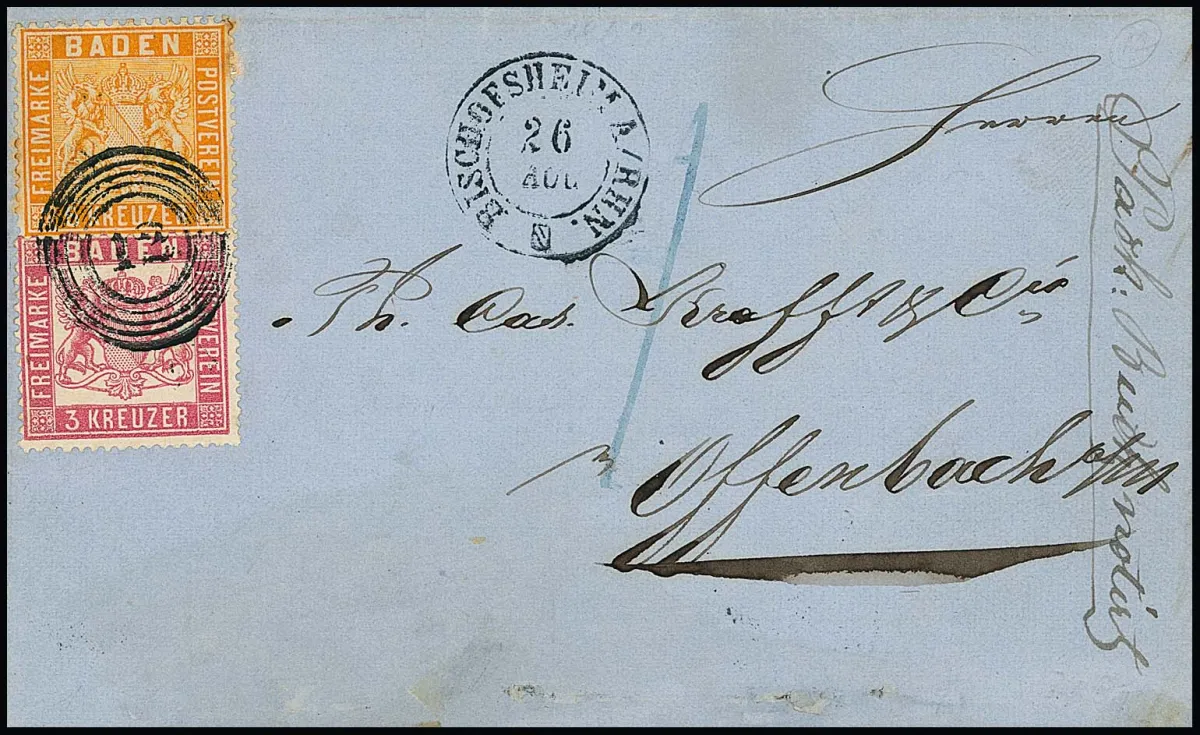 6 Kr. jaune-orange en rare affranchissement mixte avec 3 Kr. rose dentelé serré sur lettre avec NS "12" et K2 "Bischofsheim a. Rhn." 1862 pour Offenbach