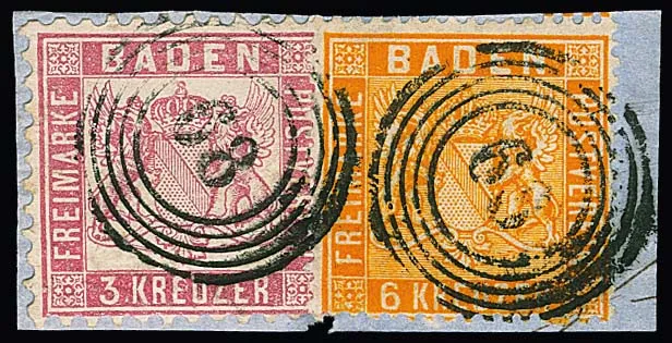 6 Kr. yellow-orange, above-average perforation, in mixed franking with 3 Kr. pink, on cabinet letter piece with NS "68" (Kehl), sign. Freyse