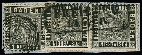 1 Kr. noir, paire verticale avec Ra2 "Freiburg", timbre isolé avec NS "43", sur fragment de lettre, photo expert Stegmüller. Mi. 430,-