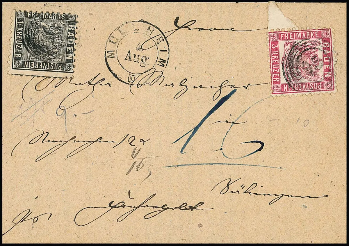 1 Kr. black in mixed franking with 3 Kr. pink (one short perf) on COD letter with NS "95" and K2 "Müllheim"