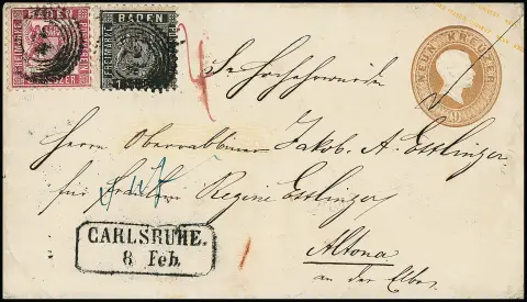 1 Kr. noir en affranchissement mixte avec 3 Kr. rose sur enveloppe entière 9 Kr. brun avec NS "24" et Ra2 "Carlsruhe" pour Altona (Danemark)