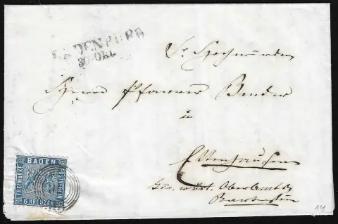 6 Kr. bleu sur lettre de cabinet avec NS "78" et L2 "Ladenburg"