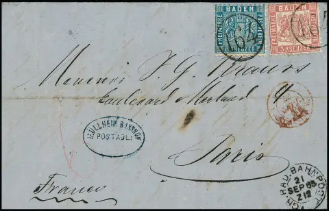6 Kr. bleu en affranchissement mixte avec 3 Kr. rose (deux petites dents courtes) sur lettre de 1865 pour Paris, NS à un anneau "164" (poste ferroviaire) et cachet de dépôt bleu "Müllheim Bahnhof"