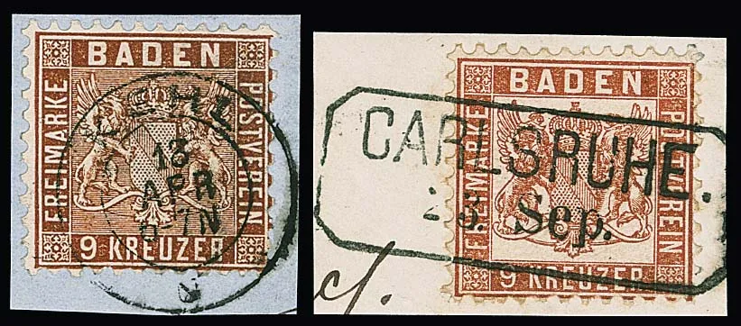 9 Kr. red-brown, two luxury letter pieces, Ra2 "Carlsruhe" ideal resp. K2 "Kehl", signed Brettl resp. Stegmüller