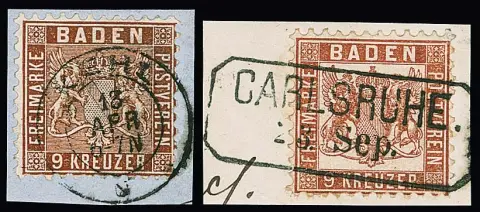 9 Kr. brun rouge, deux pièces de lettre de luxe, Ra2 "Carlsruhe" idéal resp. K2 "Kehl", signé Brettl resp. Stegmüller