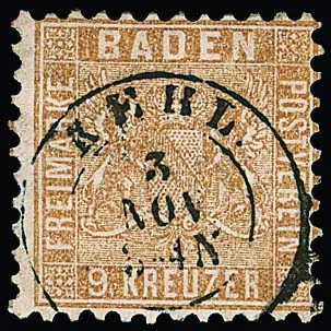 9 Kr. reddish and deep brown, also yellow-brown (this somewhat light) and dark brown (cabinet, signed Seeger), four different shades. Mi. 870,-