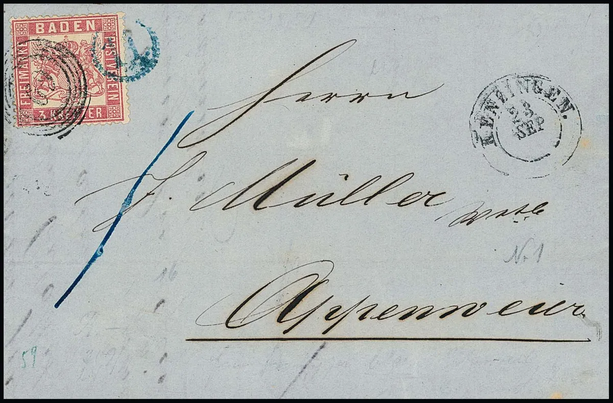 3 Kr. rose, good tight perforation (two shortened teeth) on cover with NS "69" and rare blue clock wheel cancel "11" (Herbolzheim) as double cancellation, K2 "Kenzingen" alongside. Photo certificate Stegmüller. Mi. 500,-