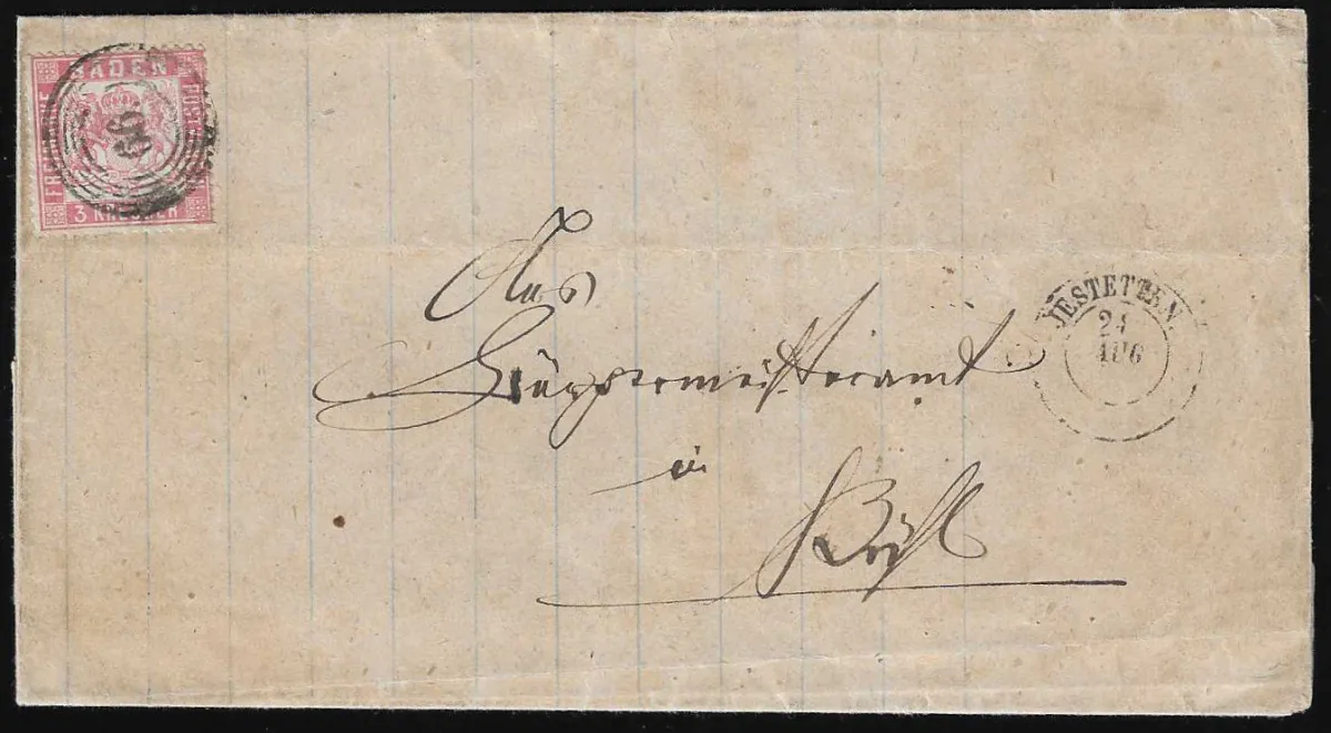 3 Kr. rose, good tight perforation, on cover with NS "66" and K2 "Jestetten", signed Englert and certificate Flemming. Mi. 500,-