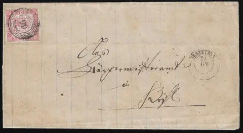 3 Kr. rose, bonne dentelure serrée, sur lettre avec NS "66" et K2 "Jestetten", signé Englert et certificat Flemming. Mi. 500,-