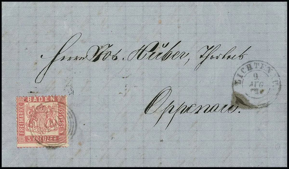 3 Kr. rosa, gute enge Zähnung, auf Prachtbrief mit NS "140" und K2 "Lichtenau" nach Oppenau, sign. Feuser. Mi. 500,- +