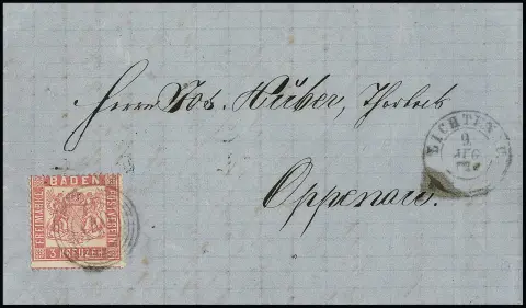3 Kr. rose, bonne dentelure serrée, sur lettre superbe avec NS "140" et K2 "Lichtenau" pour Oppenau, signé Feuser. Mi. 500,- +