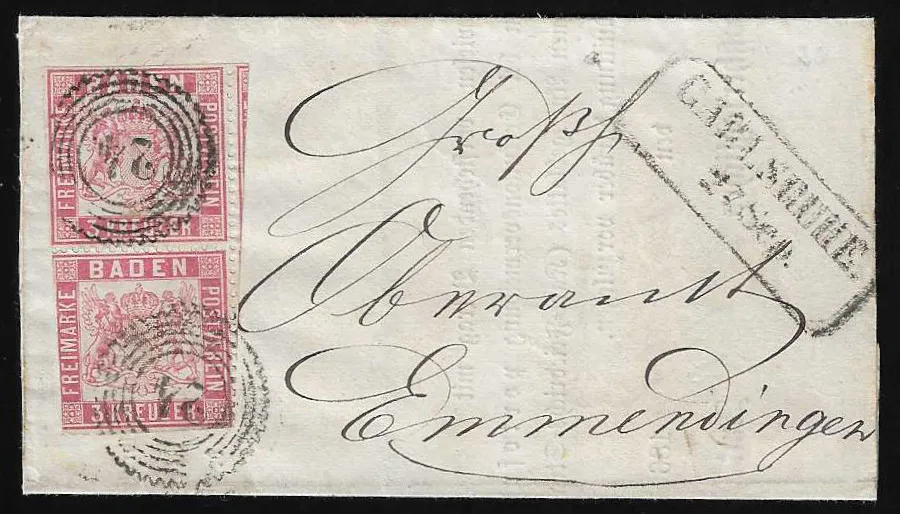 3 Kr. rose, tight perforation, vertical pair with partial scissor separation on small cover from Carlsruhe. Mi. 1600,-