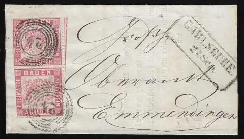 3 Kr. rose, dentelure serrée, paire verticale avec séparation partielle aux ciseaux sur petite lettre de Carlsruhe. Mi. 1600,-