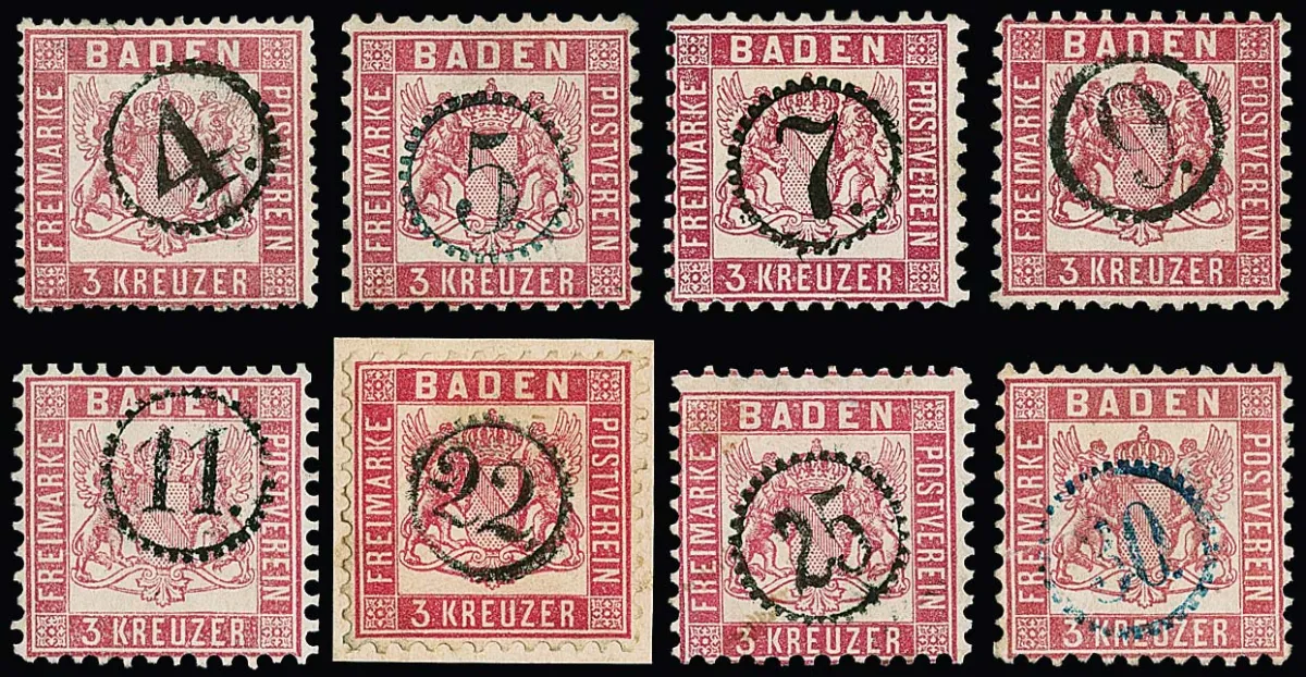 3 Kr. rose (once good tight perforation), total 39 values with selected clock wheel cancellations from "1" to "30" (these in blue)