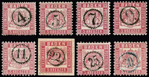3 Kr. rose (une fois bonne dentelure serrée), total 39 valeurs avec oblitérations sélectionnées au cachet horaire de "1" à "30" (celles-ci en bleu)