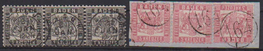 1 Kr. zwart in horizontale kabinetstrook van drie met K2 "Freiburg" (gesigneerd Brettl), plus 3 Kr. roze als drie op briefstuk met ringstempel "164"