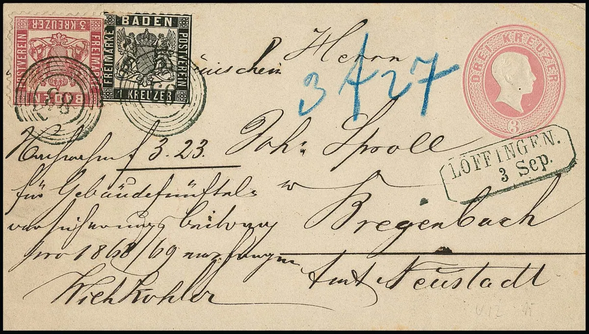 1 Kr. černá (nahoře poněkud drsná) spolu s 3 Kr. karmínově růžová na celině 3 Kr. bledě růžové jako dobírkový dopis do Bregenbach/Neustadt, NS "83" a Ra2 "Löffingen"