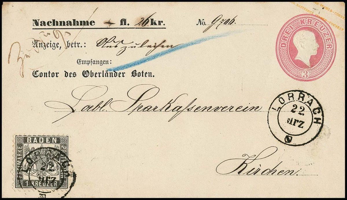1 Kr. black, luxury piece with K2 "Lörrach" on partly preprinted COD postal stationery 3 Kr. pink