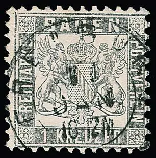 1 Kr. silbergraun, allseits gut gezähnt und schön zentrisch gestempelt mit K2 "Freiburg", Mitte kleine helle Stelle und Eckbug links oben, Attest Stegmüller.…