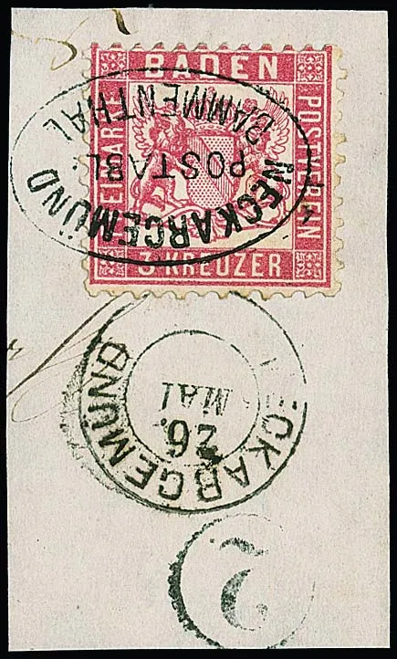 3 Kr. rosa, zehn Werte mit Postablage-Stempeln (einmal als Nebenstempel) inkl. "Neckargemünd-Bammenthal", "Rappenau-Obergimpern", "Walldürn-Hopfingen" usw.