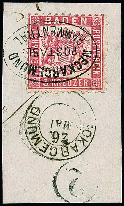 3 Kr. rosa, zehn Werte mit Postablage-Stempeln (einmal als Nebenstempel) inkl. "Neckargemünd-Bammenthal", "Rappenau-Obergimpern", "Walldürn-Hopfingen" usw.