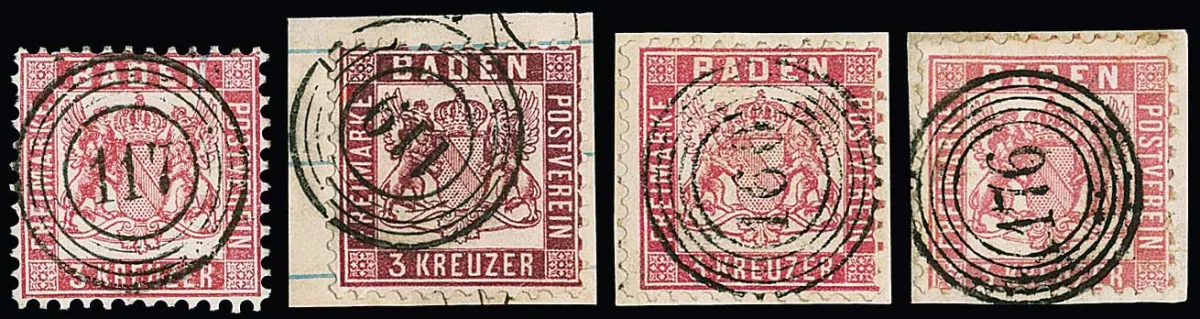 3 Kr. rose, 123 valeurs, souvent sur fragments de lettre, avec oblitérations à cachet numéral de "1" à "177", la plupart de choix, parfois de luxe, dont rares comme "46", "54", "91", "117" (!), "119", "160" et "176"