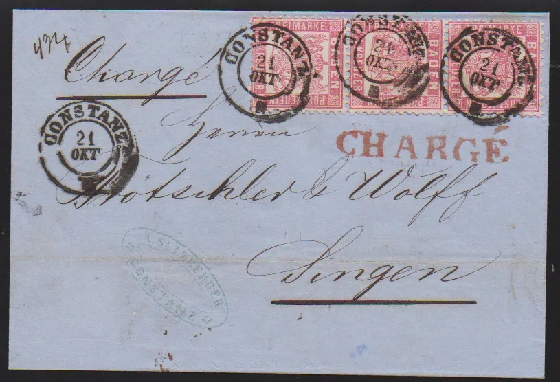3 Kr. rose en bande de trois sur lettre chargée superbe de Constanz (K2) à Singen