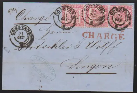 3 Kr. rosa im Dreierstreifen auf Pracht-Chargébrief von Constanz (K2) nach Singen