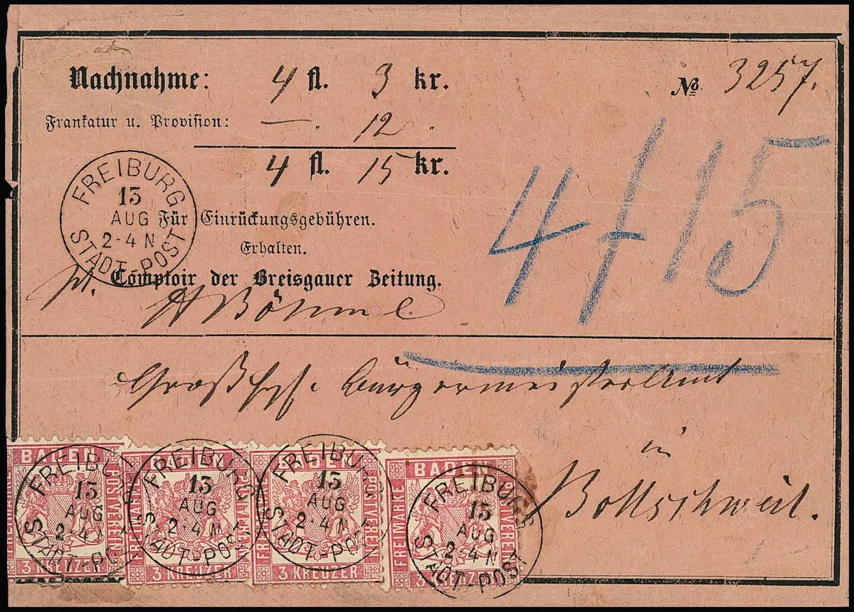 3 Kr. rosa per vier (einmal links Schere) auf rosa NN-Streifband aus Freiburg, sign. Stegmüller