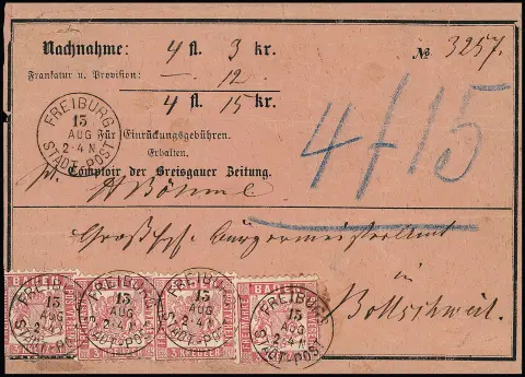 3 Kr. rosa per vier (einmal links Schere) auf rosa NN-Streifband aus Freiburg, sign. Stegmüller
