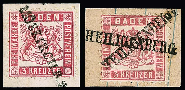 3 Kr. růžová, pět vybraných kusů dopisů s razítky L1: "Blumberg", "Efringen" (2), "Heiligenberg" a předfilatelistické L1 "Möskirch.R.2."