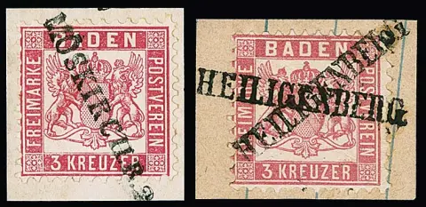 3 Kr. rosa, fünf ausgesuchte Briefstücke mit L1-Entwertungen: "Blumberg", "Efringen" (2), "Heiligenberg" und vorphil. L1 "Möskirch.R.2."