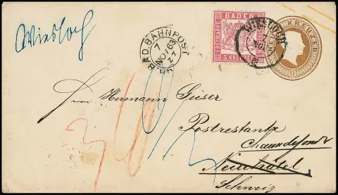 3 Kr. rosa, Kabinettstück auf Ganzsache 9 Kr. ockerbraun, mit hs. Bahnpost-Aufgabe "Wiesloch", zusätzlich K2 (!) und Bahnpost-K2 "Gr. Bad. Bahnpost", nach…