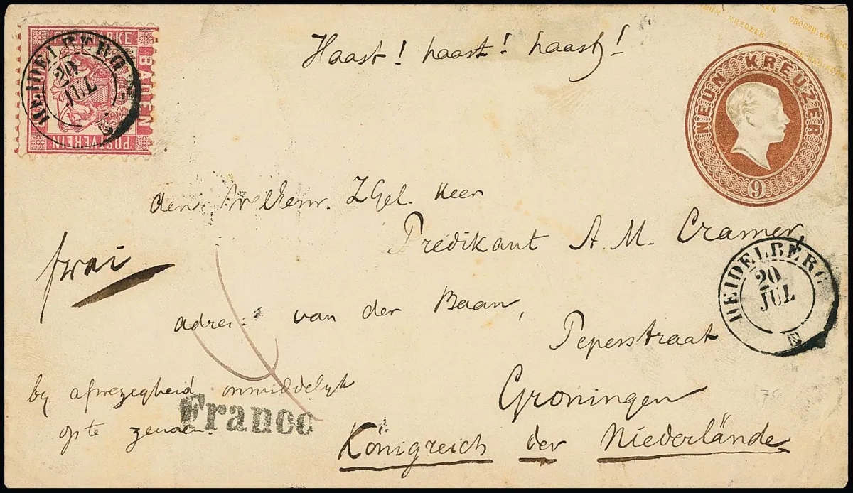 3 Kr. pink, cabinet piece with centered K2 "Heidelberg" on 9 Kr. brown postal stationery envelope (slight signs of age and back top flap not entirely complete) to the Netherlands