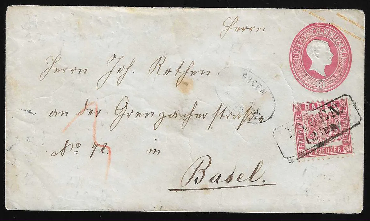 3 Kr. rosa, Prachtstück auf Ganzsache 3 Kr. rosa (leichte Gebrauchsspuren), mit Ra2 "Engen" und Postablage "Engen-Haltingen" nach Basel