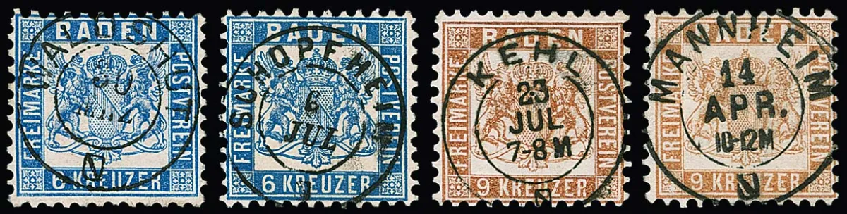 6 Kr. ultramarijn (2) evenals 9 Kr. geel- en vaalbruin, vier mooi centrisch gestempelde luxe stukken, deels gesigneerd Flemming