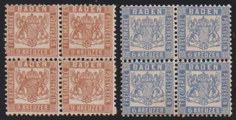 6 Kr. graublau und 9 Kr. hellrötlichbraun, je postfrische Viererblöcke, Mi. 420,-