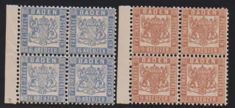 6 Kr. graublau und 9 Kr. hellrötlichbraun, je tadellos postfrische Rand-Viererblöcke, Mi. 420,-