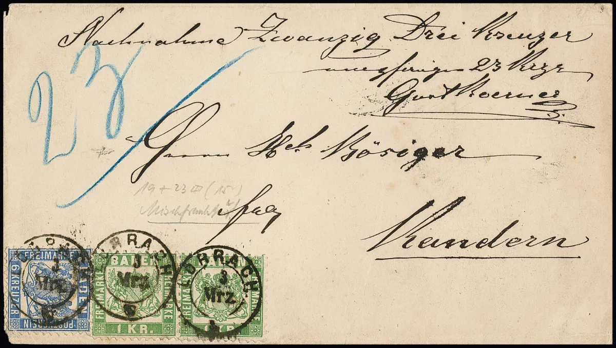 6 Kr. ultramarine (two blunt perforations) in mixed franking with two times 1 Kr. green on superb 23 Kr. cash on delivery letter to Kandern (inside not quite complete), K2 "Lörrach"