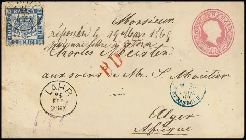 6 Kr. blau auf Ganzsache 3 Kr. rosa (Couvert etwas fehlerhaft und leicht getönt), mit K1 "Lahr" 1869 nach Algier/Algerien. Seltener Afrika-Brief zum…