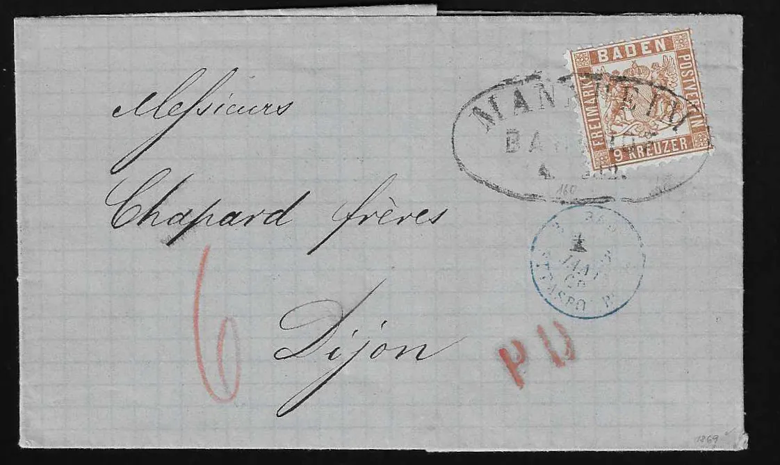 9 Kr. rotbraun auf Kabinettbrief mit ovalem Stempel "Mannheim-Bahnhof" nach Dijon/Frankreich