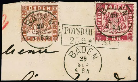 9 Kr. rotbraun in Mischfrankatur mit 3 Kr. karmin auf Prachtbriefstück mit K1 "Baden" von Nachsendebrief, darunter Ra2 "Potsdam. Bahnh."