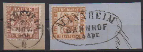 9 Kr. rötlich- und gelblichbraun, zwei Kabinettbriefstücke, K2 "Mannheim" bzw. Ovalstempel "Mannheim Bahnhof", je sign. Bolaffi