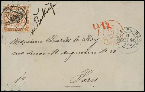 9 Kr. fahlbraun auf Kabinett-Bahnpostbrief, hs. "v. Karlsruhe", Einring-NS "164" auf der Marke und Zug-K2 "Heidelberg-Basel", Kuriosum, Marke zuerst…