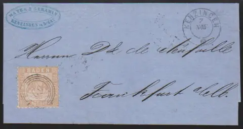 9 Kr. fahlbraun, zwei Briefe, Muster ohne Wert aus Mannheim, sowie mit NS "69" und K2 "Kenzingen", je sign. Stegmüller. Mi. 300,-